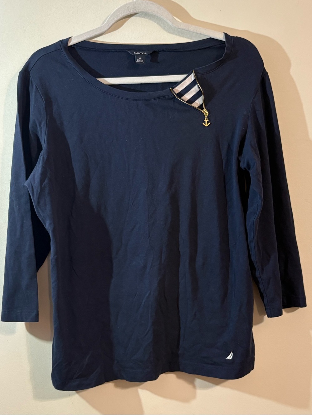 Nautica shirt Women's XL Navy Anchor-Accent pull Boatneck Top 3/4 sleeve
